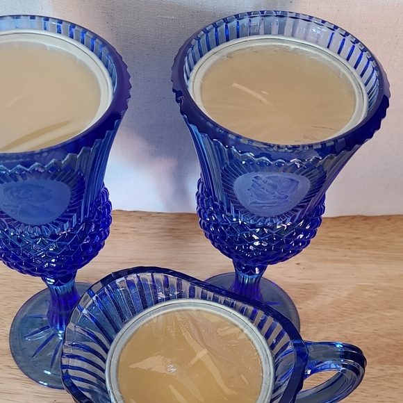 Vintage Fostoria Cobalt Blue Avon Pitcher/Creamer and Two Goblets W/ Orig Candle - Picture 8 of 11